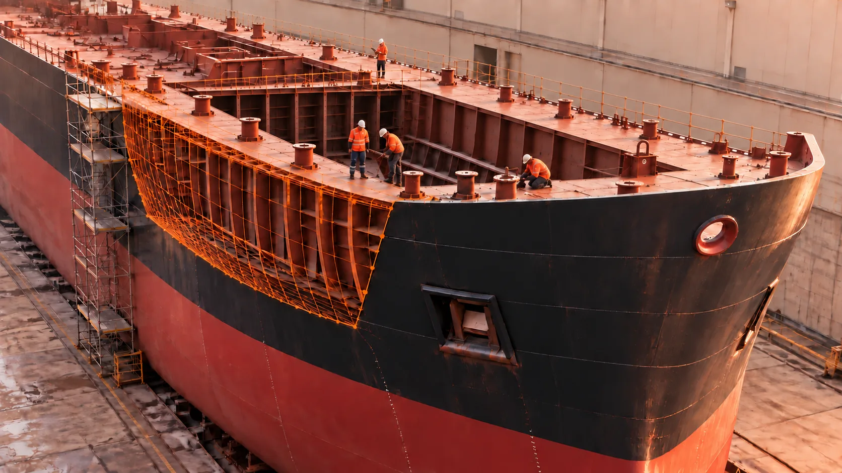 A bulk carrier's bow in dry dock, crew working on deck under orange safety netting